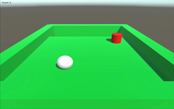 This is a simple test to look at 1) a ball rolling and hitting a target and 2) the ball falling over the edge. Both events are recognized in the score (top-left). 
 The next thing would be to get the physics of the ball hitting the target better and to have this as two balls so that the red ball mov...