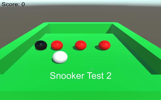 Second snooker test in Unity. The player controls the cue ball with the arrow buttons and knocks the black and red balls off the edge. One point for a red ball, seven points for the black and the score is reset to zero if the white goes over the edge....
