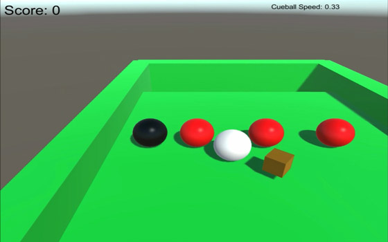 Starting to look a bit more like snooker but the physics of the balls is not realistic. The cue is represented by a cube which can be rotated around the cueball and travels towards the cueball radially to strike it. The cue is constrained to the plane of the table so the balls may get raised up into...